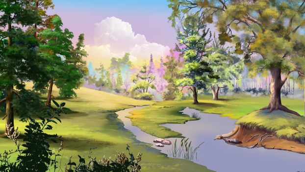 Beautiful view of idyllic autumn landscape with River and Forest Edge. Digital Painting Background, Illustration.