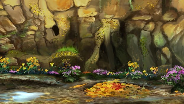 Autumn Leaves and flowers on the ground at the foot of a mountain. Digital Painting Background, Illustration.