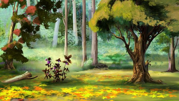 Beautiful view of idyllic landscape with Berry Bush in the Autumn Forest. Digital Painting Background, Illustration.