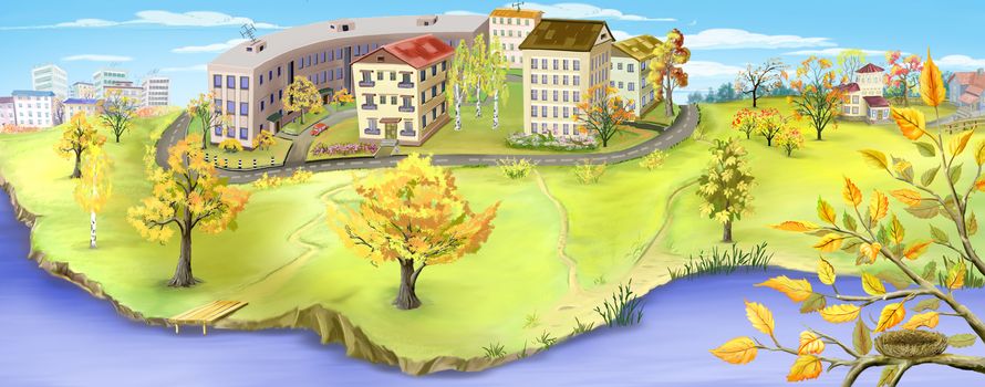 Autumn landscape with small city near a river. Digital Painting panoramic background, Illustration.