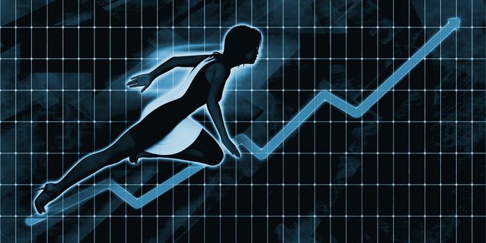 Black Businesswoman Charging Ahead on Blue Background Art