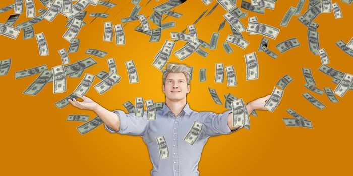 Man Catching Money Falling From the Sky in US Dollars