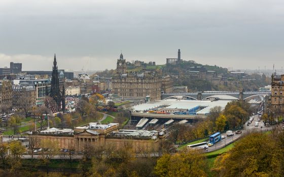 EDINBURGH, SCOTLAND - CIRCA NOVEMBER 2012: View on Edinburgh Waverley railway station from the castle esplanade.