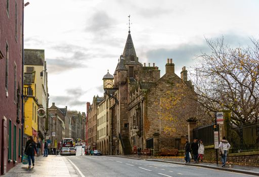 EDINBURGH, SCOTLAND - CIRCA NOVEMBER 2012: The lower part of the Royal Mile. The Royal Mile leads from the Castle to the Palace of Holyroodhouse.