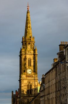 Tron Kirk church clock tower at sunset in Edinburgh, Scotland, UK