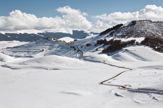 General view of Costelluccio of Norcia in winter with snow