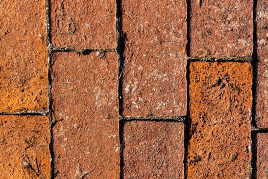 Detailed ancient red brick wall background photo texture.