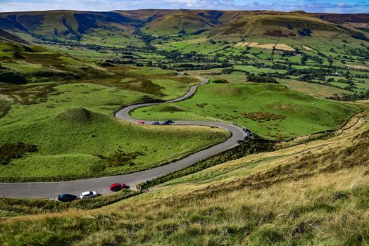 View of English countryside with snake road