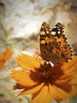 A Butterfly Nectaring On An Orange Flower - painting effect