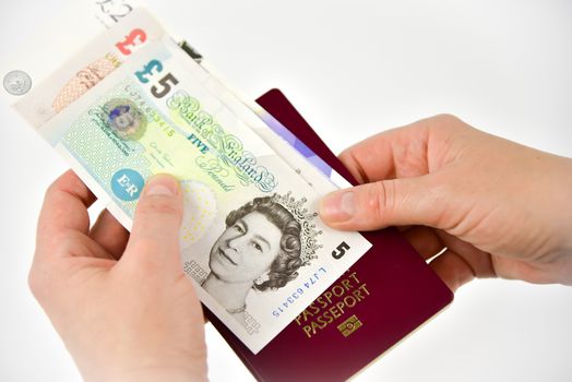 Hand give passport and banknotes bill