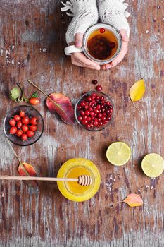 Cup of warming tea and medicinal berries rose hips,cranberries and honey