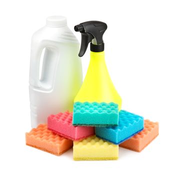 spray bottle  and a set of sponges isolated on white background