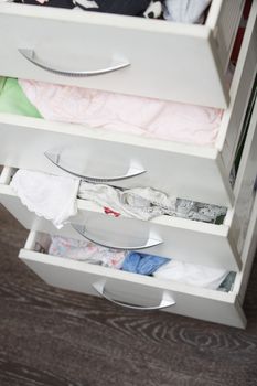 Messy clothes in wardrobe. Vertical photo