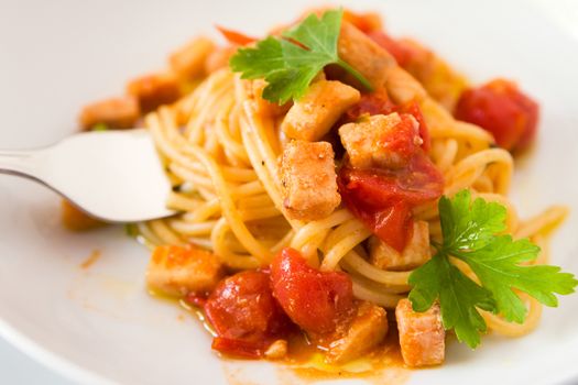 Closeup of spaghetti with fish little tomatoes and parsley
