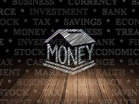 Money concept: Glowing Money Box icon in grunge dark room with Wooden Floor, black background with  Tag Cloud