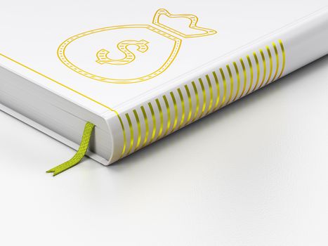 Banking concept: closed book with Gold Money Bag icon on floor, white background, 3d render