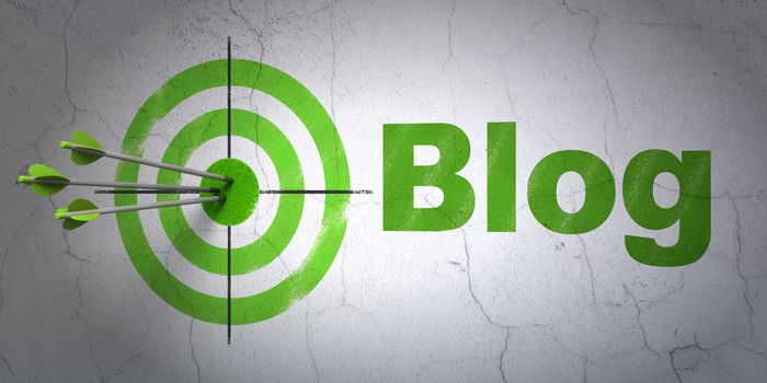 Success web development concept: arrows hitting the center of target, Green Blog on wall background