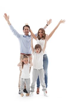 Happy family with raised hands up isolated on white background