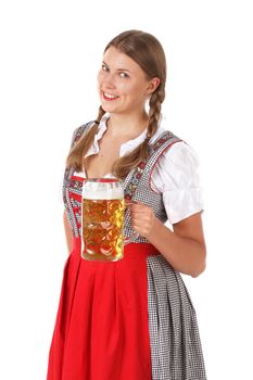 Beautiful Oktoberfest woman holding beer mug isolated on white background