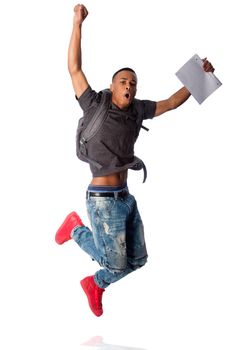 Handsome student jumping because of good grades, on white.
