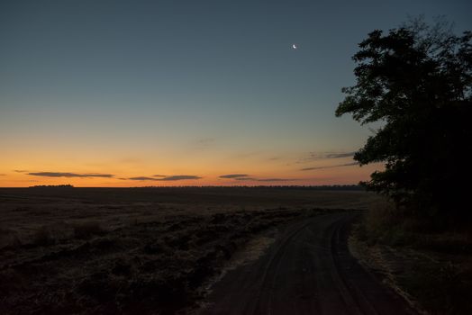 Sunrise in the field. Fantastic sunrise and moon above the field. Dramatic colorful scenery. 