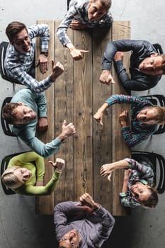 Hipster business successful teamwork concept, cheerful business group giving thumbs up