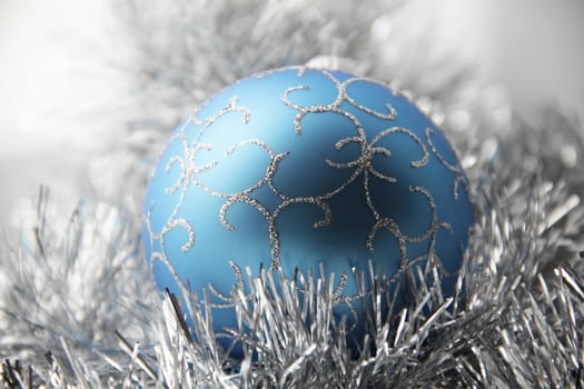 Christmas ornaments of blue color close up