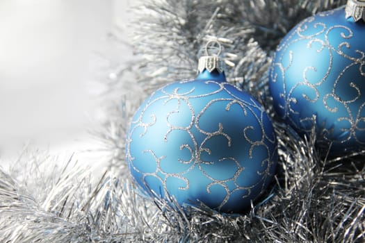 Christmas ornaments of blue color close up