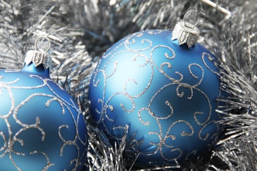 Christmas ornaments of blue color close up