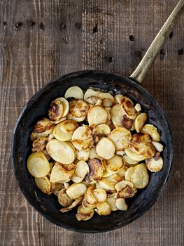 close up of rustic german bratkartofflen fried potatoes