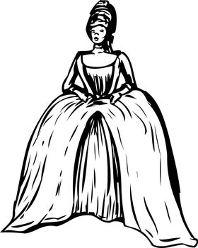 Outlined woman in round court dress with open bodice and stomacher