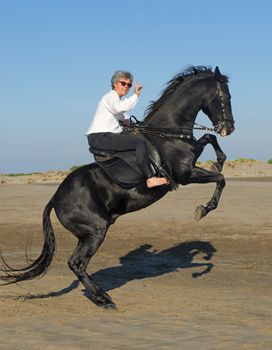 rearing black horse and woman horse on the beach