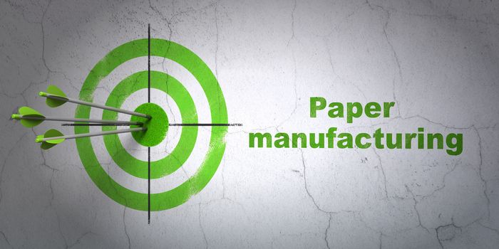 Success Industry concept: arrows hitting the center of target, Green Paper Manufacturing on wall background