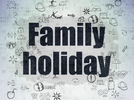 Tourism concept: Painted black text Family Holiday on Digital Paper background with Scheme Of Hand Drawn Vacation Icons