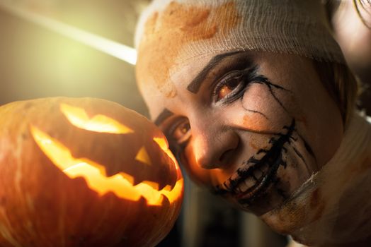 Horrible girl with scary mouth and eyes, halloween theme