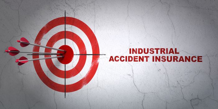 Success Insurance concept: arrows hitting the center of target, Red Industrial Accident Insurance on wall background, 3D rendering