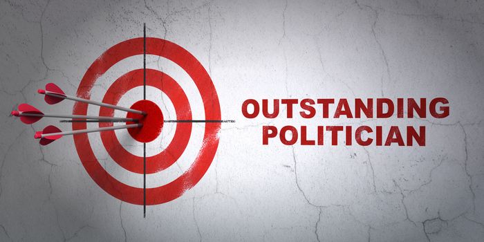 Success political concept: arrows hitting the center of target, Red Outstanding Politician on wall background, 3D rendering