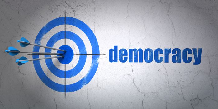 Success political concept: arrows hitting the center of target, Blue Democracy on wall background, 3D rendering