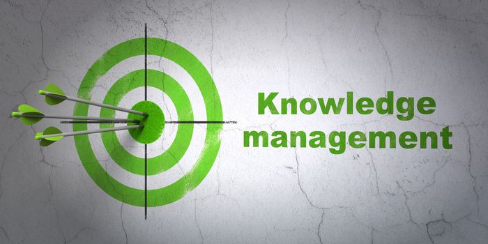 Success Studying concept: arrows hitting the center of target, Green Knowledge Management on wall background, 3D rendering