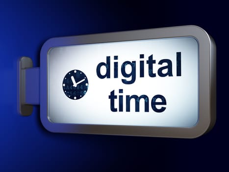 Time concept: Digital Time and Clock on advertising billboard background, 3D rendering