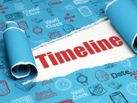 Timeline concept: red text Timeline under the curled piece of Blue torn paper with  Hand Drawing Time Icons, 3D rendering