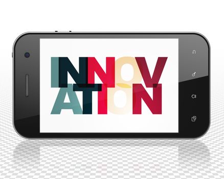 Finance concept: Smartphone with Painted multicolor text Innovation on display, 3D rendering