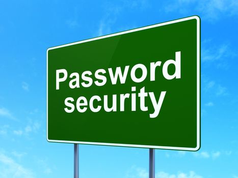 Safety concept: Password Security on green road highway sign, clear blue sky background, 3D rendering
