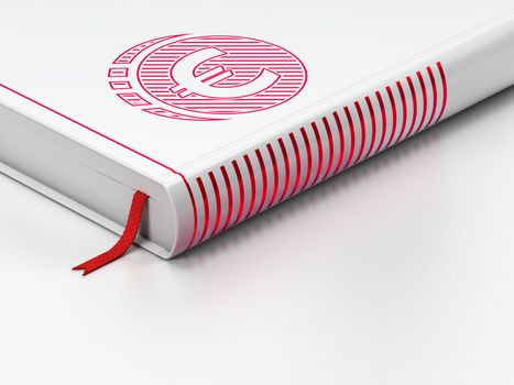 Currency concept: closed book with Red Euro Coin icon on floor, white background, 3D rendering