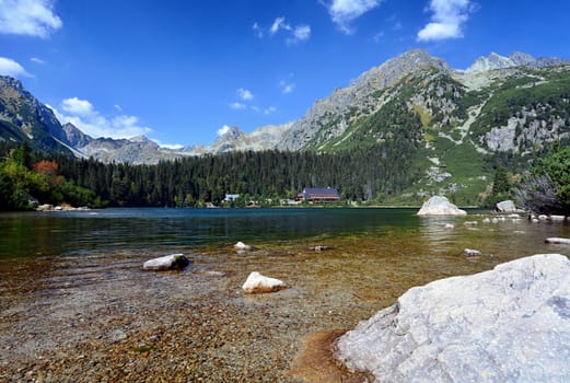 Wide angle landscape shot of glacial lake Popradske pleso in High Tatras.