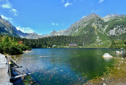 Wide angle landscape shot of glacial lake Popradske pleso in High Tatras.