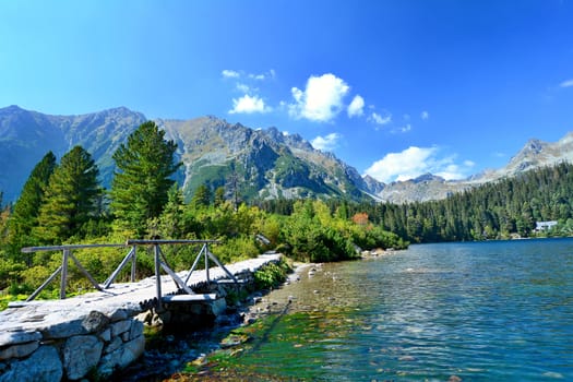 Wide angle landscape shot of glacial lake Popradske pleso in High Tatras.