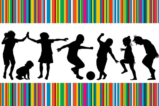 Card with silhouettes of children playing and colored stripes