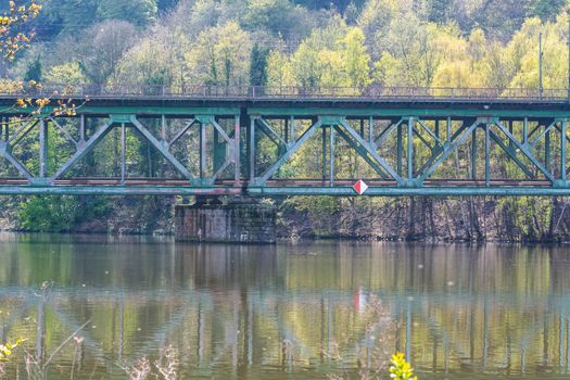 Railway bridge of steel for pedestrians and cyclists on the Ruhr in Essen Kupferdreh.