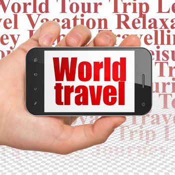 Travel concept: Hand Holding Smartphone with  red text World Travel on display,  Tag Cloud background, 3D rendering